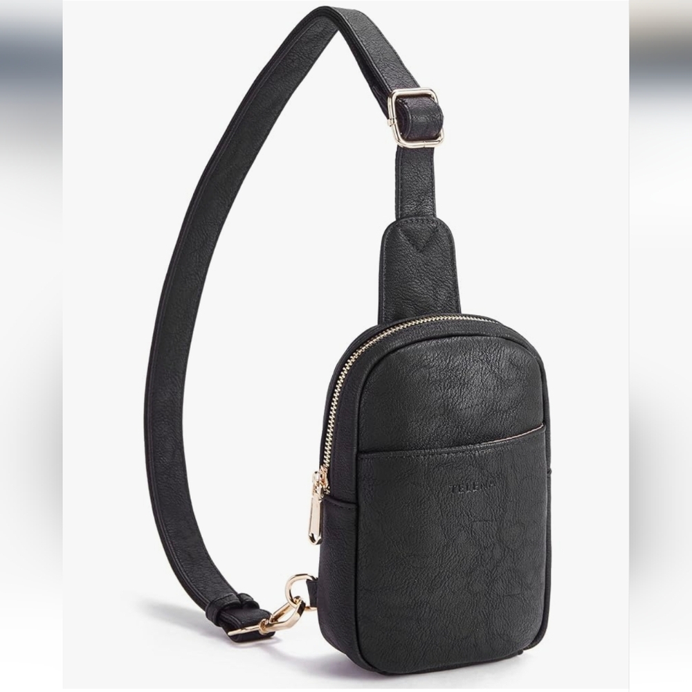 TELENA Vegan Leather Crossbody Bag Belt Bag Black And Gold